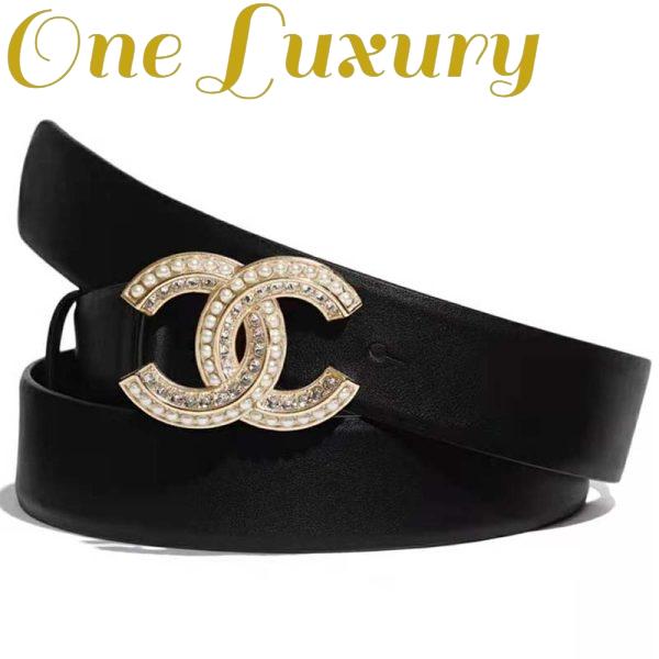 Replica Chanel Women Calfskin & Gold Metal & Strass & Pearls Belt-Black