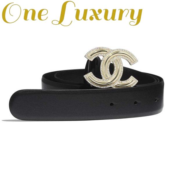 Replica Chanel Women Calfskin Gold-Tone Metal & Strass Belt-Black
