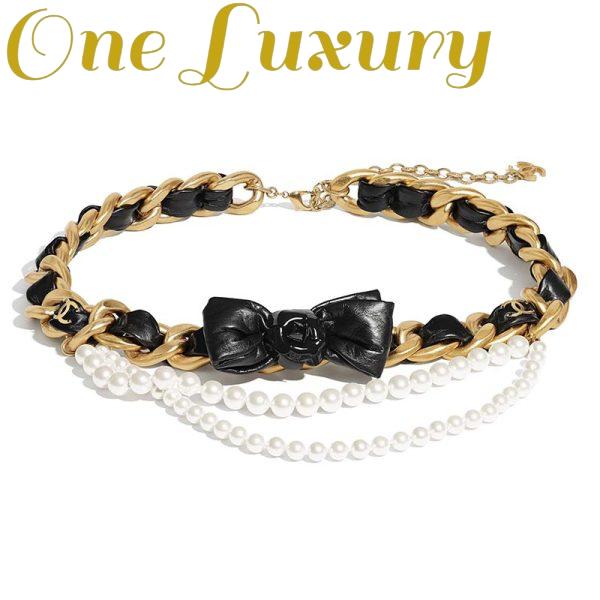 Replica Chanel Women Metal Glass Pearls & Calfskin Gold Pearly White & Black Belt 2