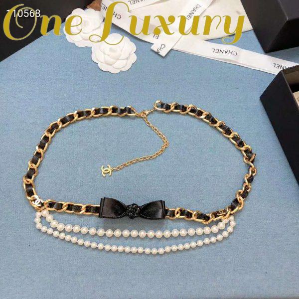 Replica Chanel Women Metal Glass Pearls & Calfskin Gold Pearly White & Black Belt 7