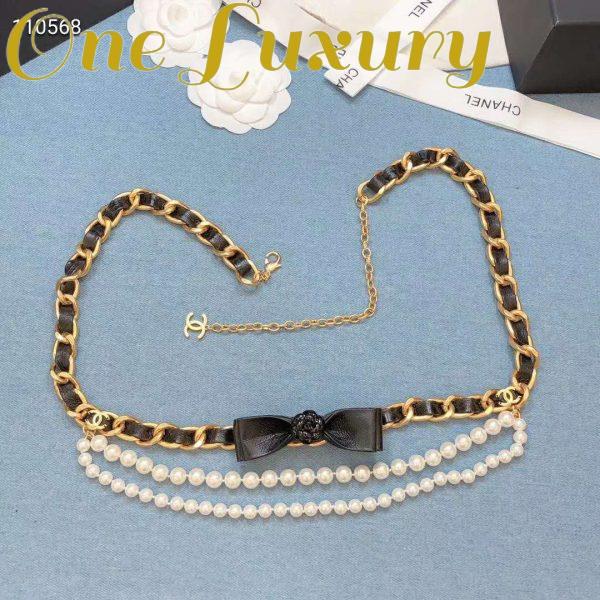 Replica Chanel Women Metal Glass Pearls & Calfskin Gold Pearly White & Black Belt 10