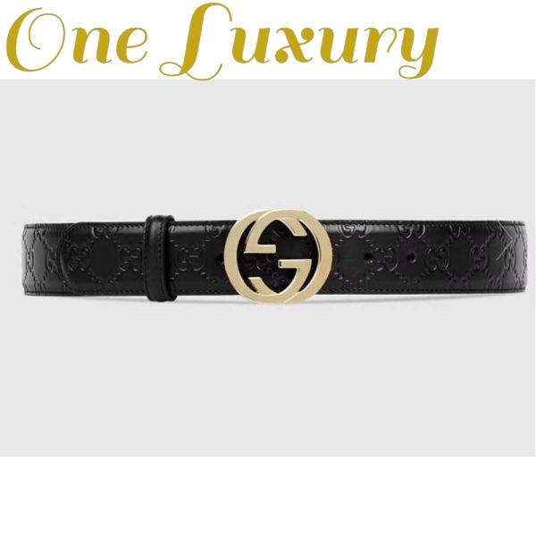 Replica Gucci Unisex GG Signature Leather Belt Interlocking G Buckle Gold Hardware 4 cm Width 2