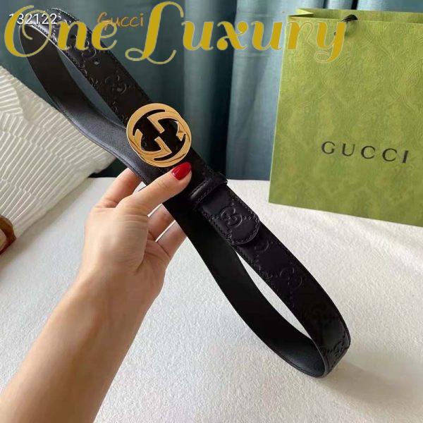 Replica Gucci Unisex GG Signature Leather Belt Interlocking G Buckle Gold Hardware 4 cm Width 4
