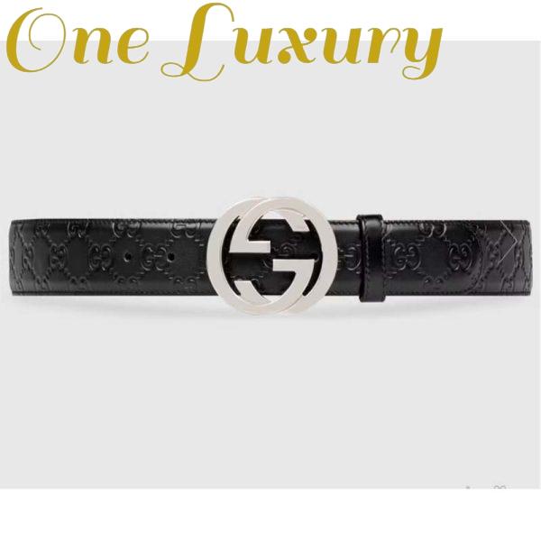 Replica Gucci Unisex GG Signature Leather Belt Interlocking G Buckle Silver Hardware 4 cm Width