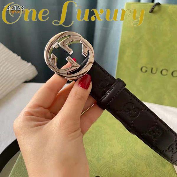 Replica Gucci Unisex GG Signature Leather Belt Interlocking G Buckle Silver Hardware 4 cm Width 8