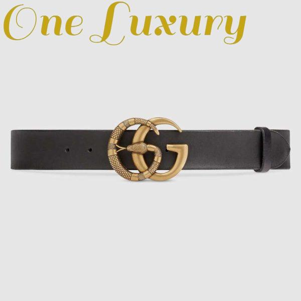 Replica Gucci Unisex Leather Belt with Double G Buckle with Snake in Black Leather