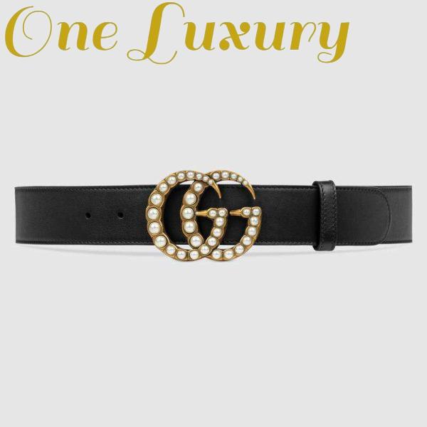Replica Gucci Unisex Leather Belt with Pearl Double G-Black