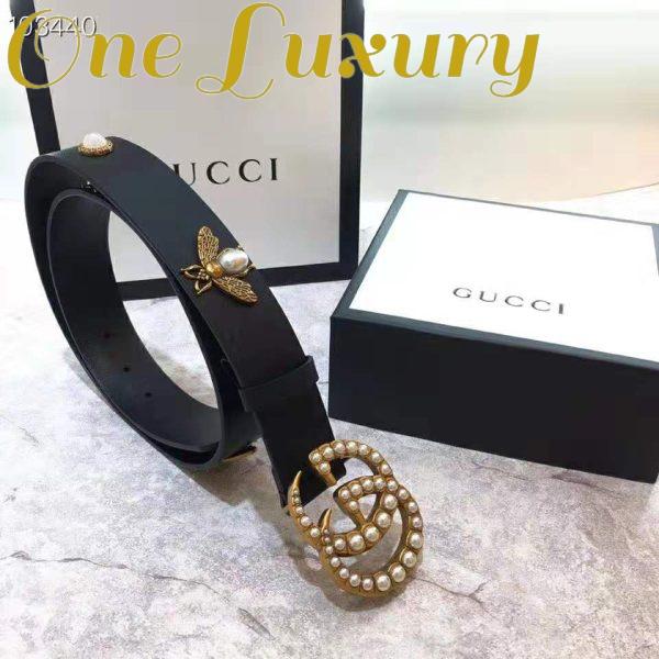 Replica Gucci Unisex Leather Belt with Pearl Double G-Black 5