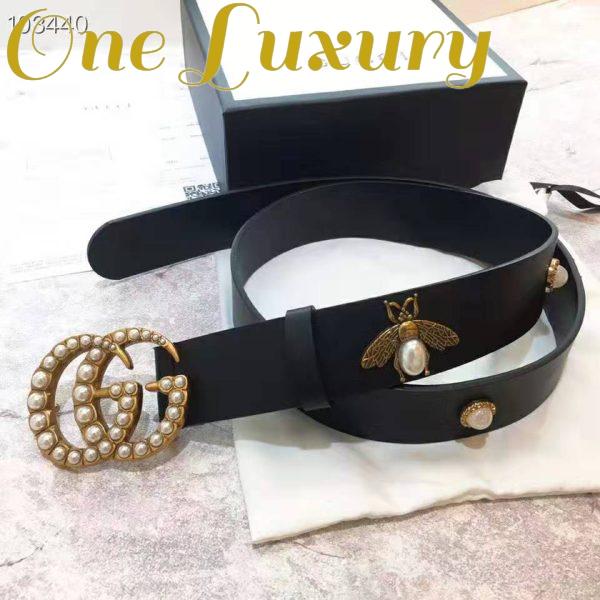 Replica Gucci Unisex Leather Belt with Pearl Double G-Black 6