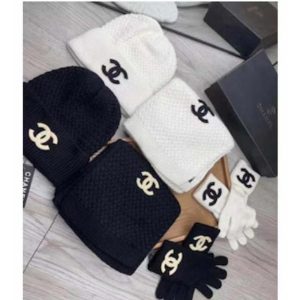 Replica Chanel Unisex CC A Set of Ahead Beanie Gloves Scarf White Black One Size