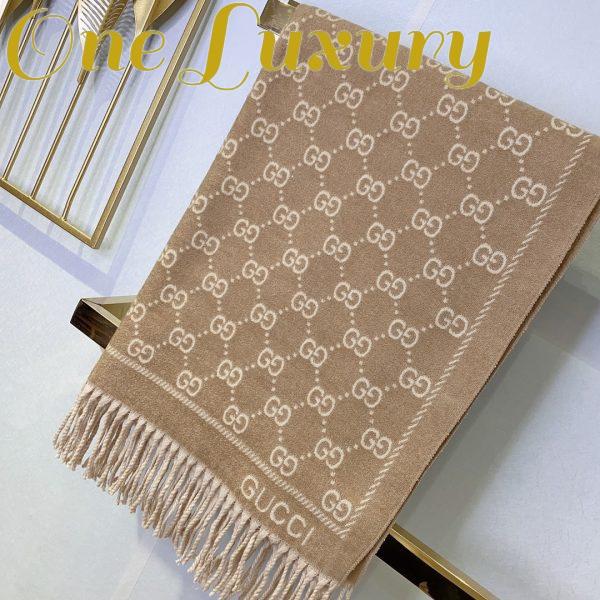 Replica Gucci Unisex GG Jacquard Knitted Scarf Light Brown Fringe Edges 3