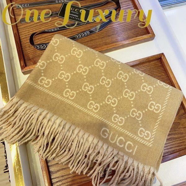 Replica Gucci Unisex GG Jacquard Knitted Scarf Light Brown Fringe Edges 4