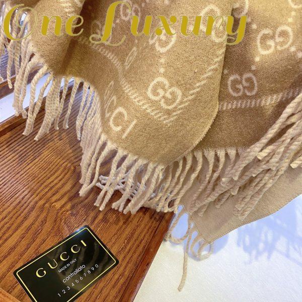 Replica Gucci Unisex GG Jacquard Knitted Scarf Light Brown Fringe Edges 6
