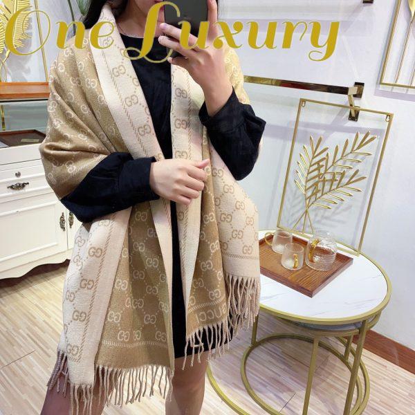 Replica Gucci Unisex GG Jacquard Knitted Scarf Light Brown Fringe Edges 7