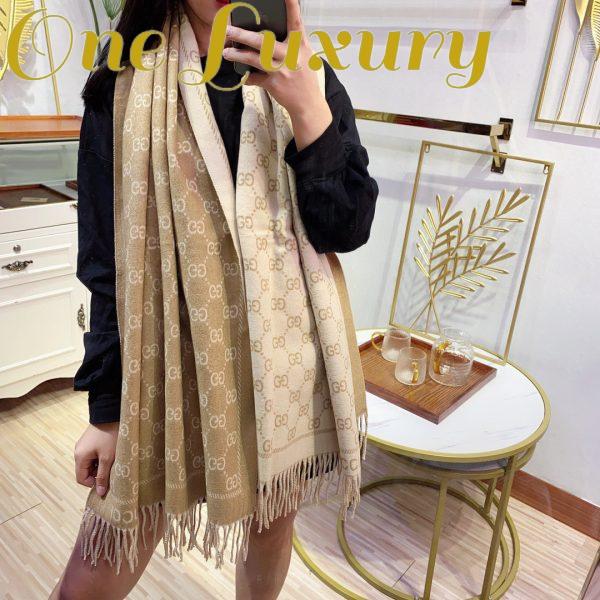 Replica Gucci Unisex GG Jacquard Knitted Scarf Light Brown Fringe Edges 10