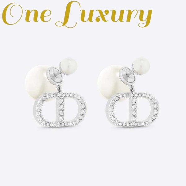 Replica Dior Women Tribales Earrings Silver-Finish Metal with White Resin Pearls and Silver-Tone Crystals
