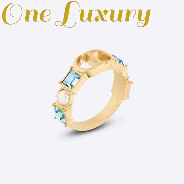 Replica Dior Women Petit CD Ring Gold-Finish Metal with White Resin Pearls and Light Blue Crystals