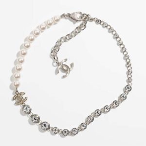 Replica Chanel Women CC Necklace Metal Glass Pearls Strass Silver Pearly White Crystal