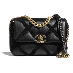 Replica Chanel Women Chanel 19 Flap Bag Calfskin Crochet Gold Silver-Tone & Ruthenium-Finish Metal Black