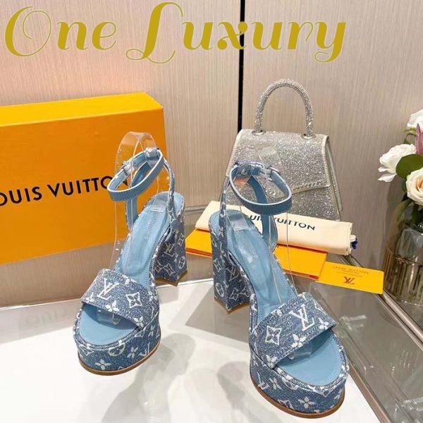 Replica Louis Vuitton Women LV Fame Platform Sandal Blue Monogram Denim Leather 11.5 CM Heel 5