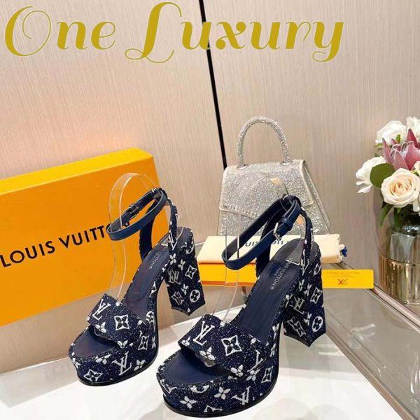Replica Louis Vuitton Women LV Fame Platform Sandal Navy Monogram Denim Leather 11.5 CM Heel 5
