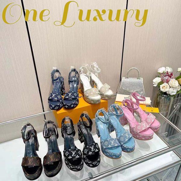 Replica Louis Vuitton Women LV Fame Platform Sandal Navy Monogram Denim Leather 11.5 CM Heel 11
