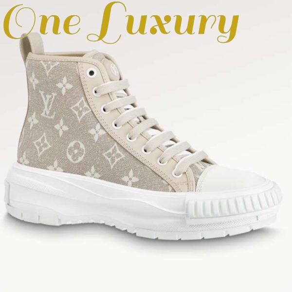 Replica Louis Vuitton Women LV Squad Sneaker Boot Beige Monogram Denim Circle Double Laces