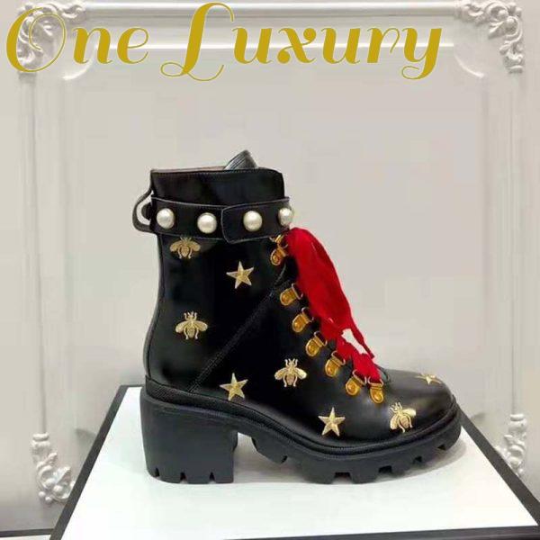 Replica Gucci Women Gucci Leather Embroidered Ankle Boot in Black Leather 8.9 cm-Red 3