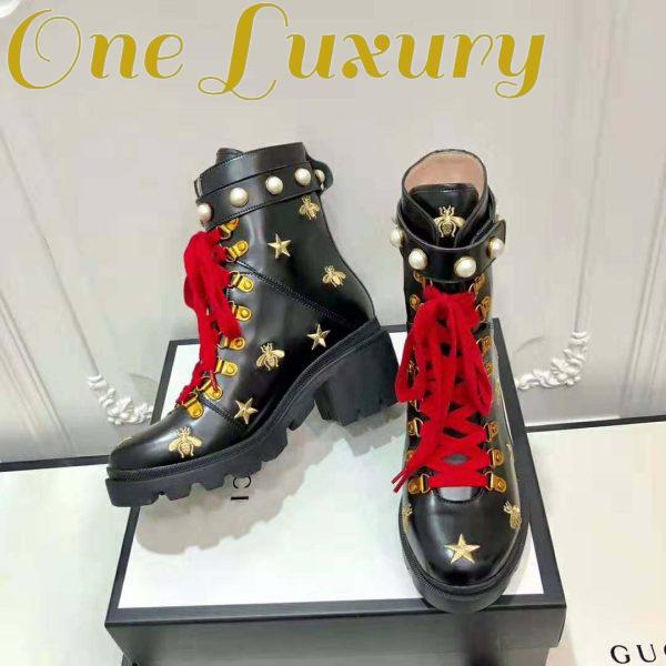 Replica Gucci Women Gucci Leather Embroidered Ankle Boot in Black Leather 8.9 cm-Red 8
