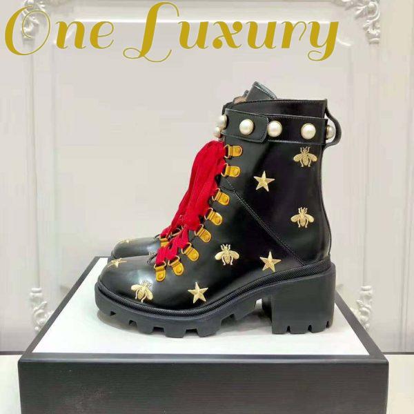 Replica Gucci Women Gucci Leather Embroidered Ankle Boot in Black Leather 8.9 cm-Red 9