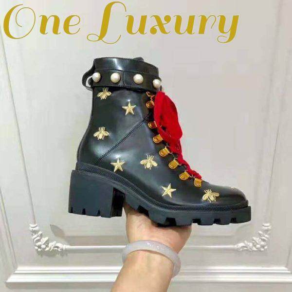 Replica Gucci Women Gucci Leather Embroidered Ankle Boot in Black Leather 8.9 cm-Red 11