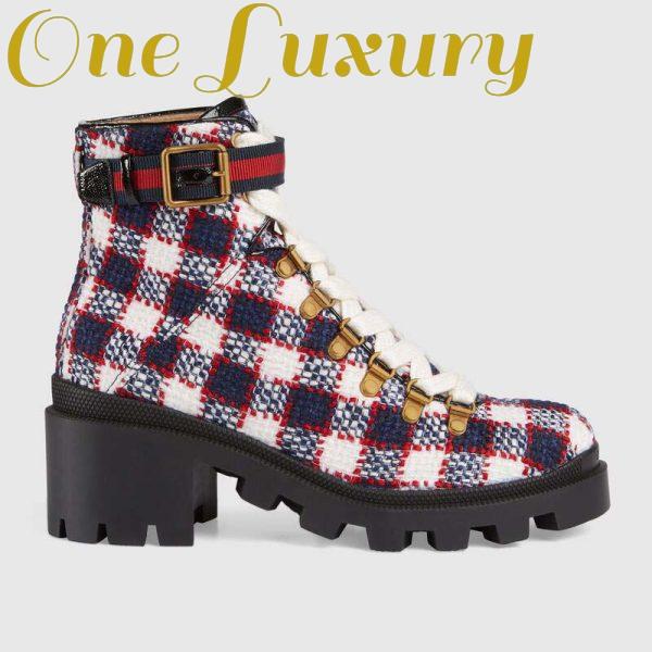 Replica Gucci Women Gucci Zumi GG Check Tweed Ankle Boot in Blue White and Red