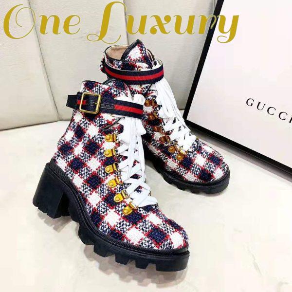 Replica Gucci Women Gucci Zumi GG Check Tweed Ankle Boot in Blue White and Red 3