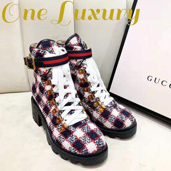 Replica Gucci Women Gucci Zumi GG Check Tweed Ankle Boot in Blue White and Red 5