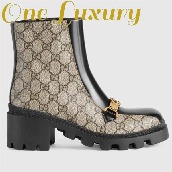Replica Gucci Women Interlocking G Horsebit Boot Beige Ebony GG Supreme Canvas Mid-Heel