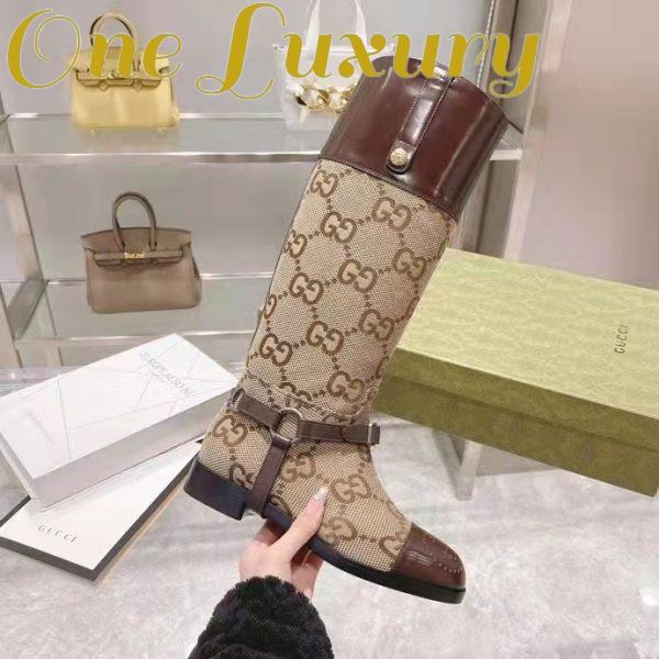 Replica Gucci Women Knee-High Boot Harness Beige Ebony Maxi GG Canvas Interlocking G 6