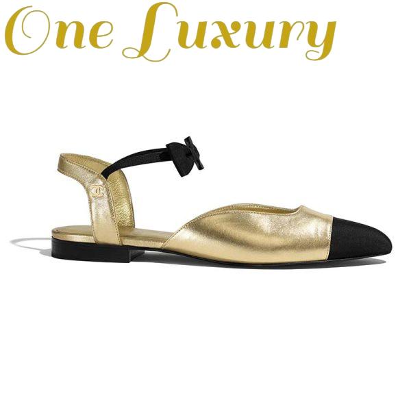 Replica Chanel Women Mary Janes Laminated Lambskin & Grosgrain Gold & Black 1 cm Heel
