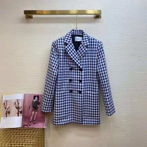 Replica Dior Women Double-Breasted Button Jacket Blue White Check Wool Twill 2