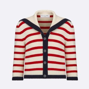 Replica Dior Women Mariniere Cardigan Red and Ecru D-Stripes Ribbed Wool and Cashmere Knit
