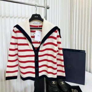 Replica Dior Women Mariniere Cardigan Red and Ecru D-Stripes Ribbed Wool and Cashmere Knit 2