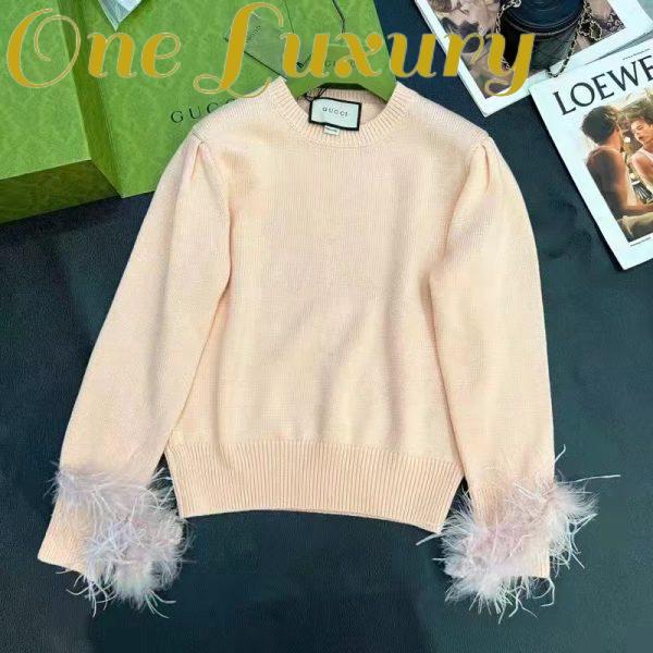 Replica Gucci GG Women Silk Mohair Sweater Feathers Beige Double G Embroidery Crewneck 3