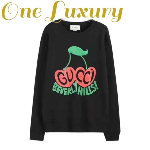 Replica Gucci Men Beverly Hills Cherry Print Sweatshirt Cotton Jersey Crewneck Puff Sleeves-Black