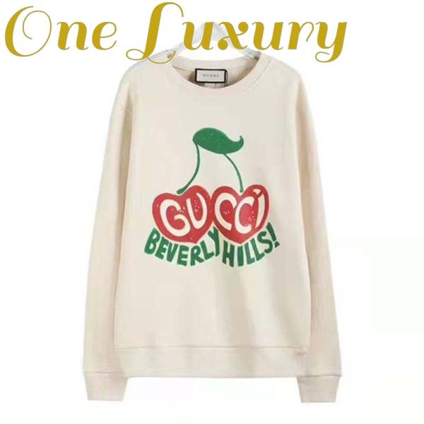 Replica Gucci Men Beverly Hills Cherry Print Sweatshirt Cotton Jersey Crewneck Puff Sleeves-White 3