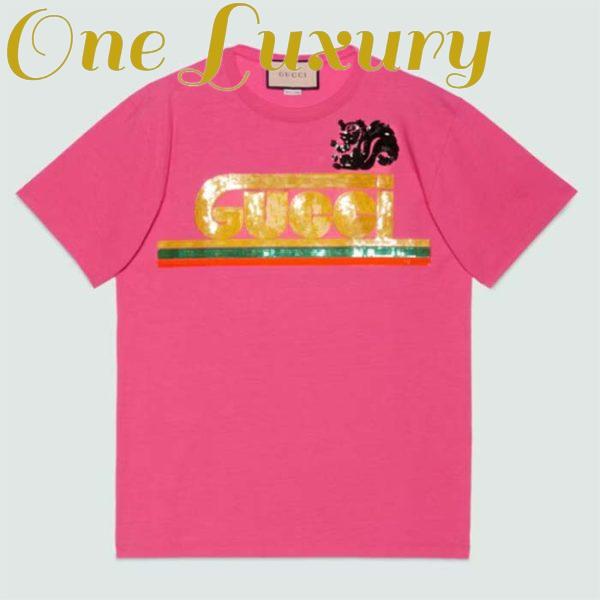 Replica Gucci Men GG Cotton T-Shirt Skunk Embroidery Fuchsia Jersey Crewneck Short Sleeves