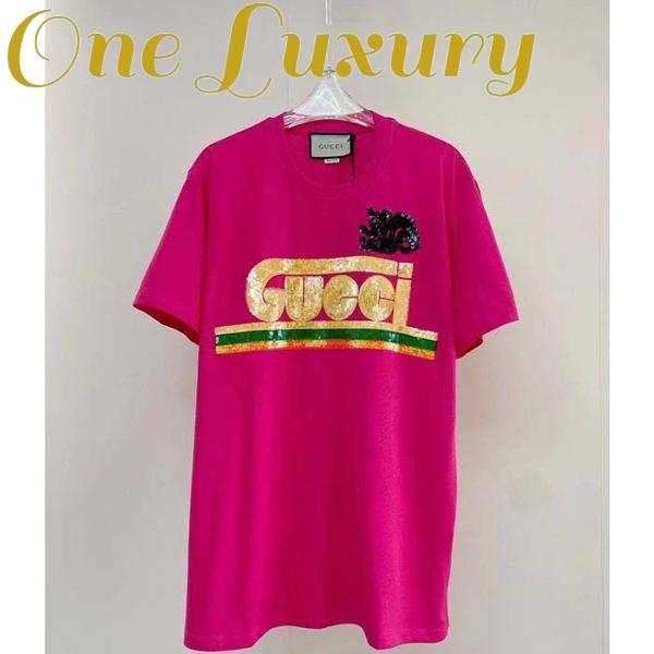 Replica Gucci Men GG Cotton T-Shirt Skunk Embroidery Fuchsia Jersey Crewneck Short Sleeves 4