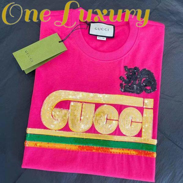 Replica Gucci Men GG Cotton T-Shirt Skunk Embroidery Fuchsia Jersey Crewneck Short Sleeves 5