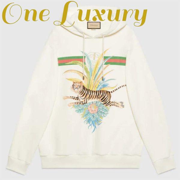 Replica Gucci Men GG Tiger Hooded Sweatshirt Ivory Felted Cotton Jersey Fixed Hood