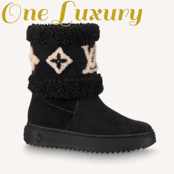 Replica Louis Vuitton LV Women Snowdrop Flat Ankle Boot Cognac Black Suede Calf Shearling 2