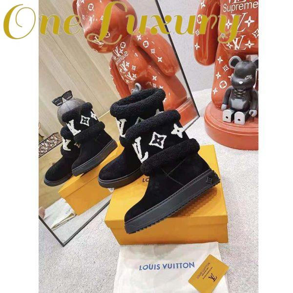 Replica Louis Vuitton LV Women Snowdrop Flat Ankle Boot Cognac Black Suede Calf Shearling 7