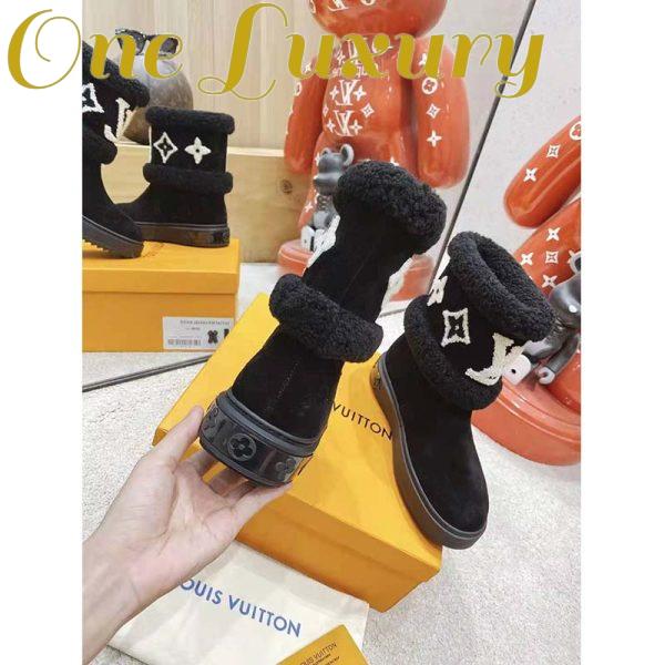 Replica Louis Vuitton LV Women Snowdrop Flat Ankle Boot Cognac Black Suede Calf Shearling 8